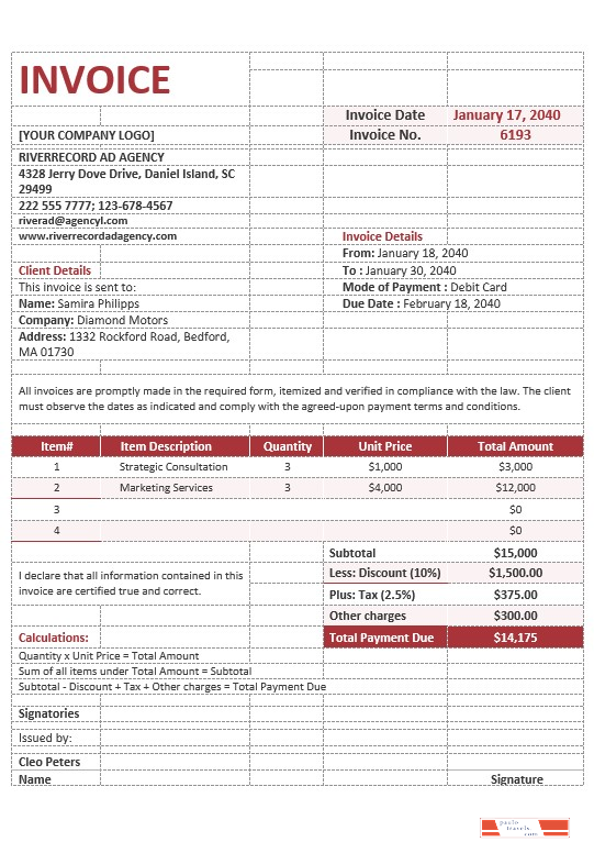 Blank Advertising Agency Invoice Template PSD template